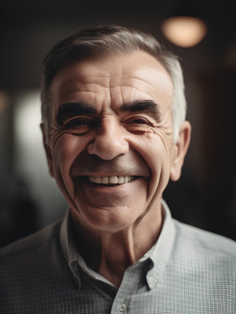 Portrait of a smiling senior man looking at camera in a restaurant.の素材