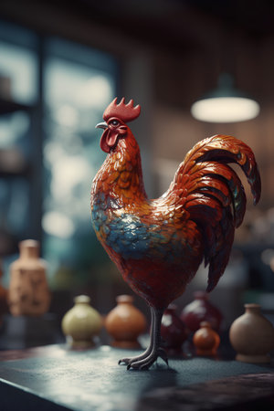 Rooster on the table in the kitchen. Vintage style. Selective focus.の素材
