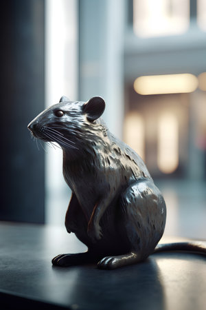 Close-up of a metal rat figurine on a black tableの素材