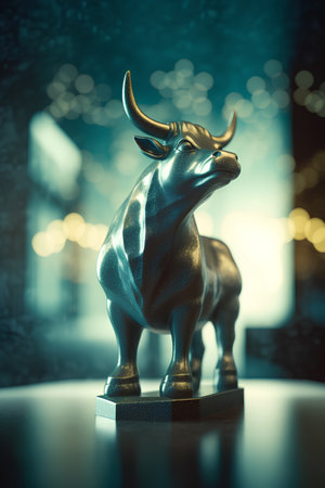 golden bull statue with bokeh background, stock market conceptの素材