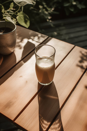 A glass of fresh juice on a wooden table in the garden.の素材