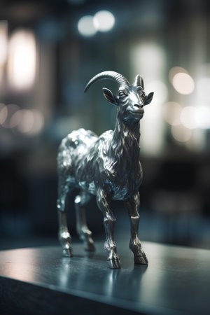 Goat statuette on the table in the night city.の素材