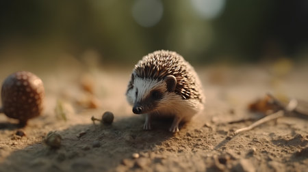 hedgehog on the sand in the forest at sunset. macroの素材