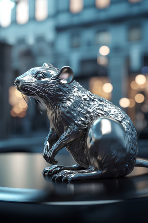 3d rendering of a metal frog statue in the city at nightの素材