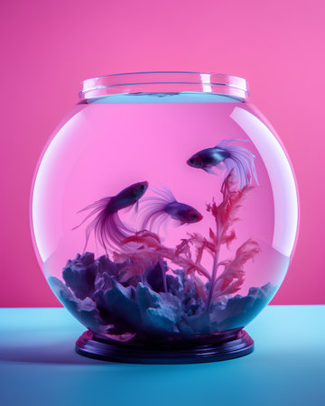 Aquarium with fish on a pink background. 3d renderingの素材