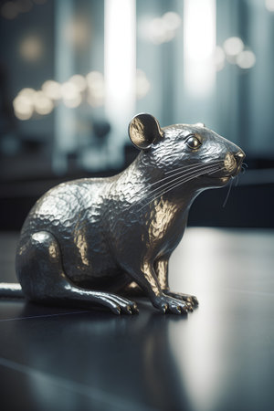 Close up of a bronze rat figurine on the floor in a roomの素材