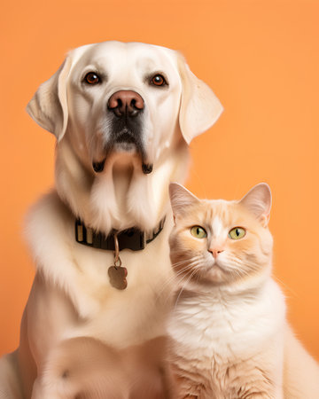 Labrador Retriever and cat sitting together on an orange backgroundの素材