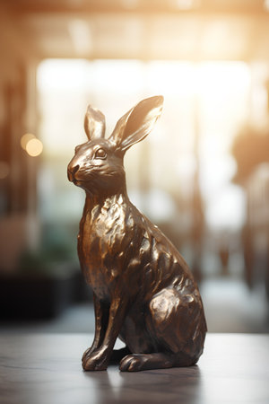 Rabbit statue in coffee shop, vintage tone, soft focus.の素材