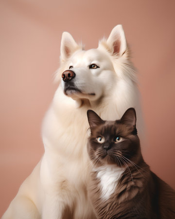 Siberian husky dog and cat together. Studio shot.の素材