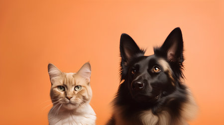 Studio portrait of a purebred dog and cat on orange background.の素材