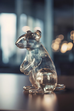 Glass figurine of a rat on a table in a cafe.の素材