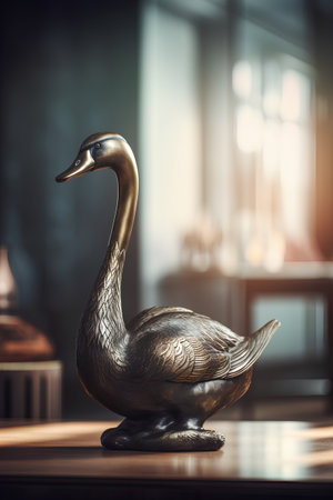 Bronze swan statue on wooden table in dark room. 3d renderingの素材
