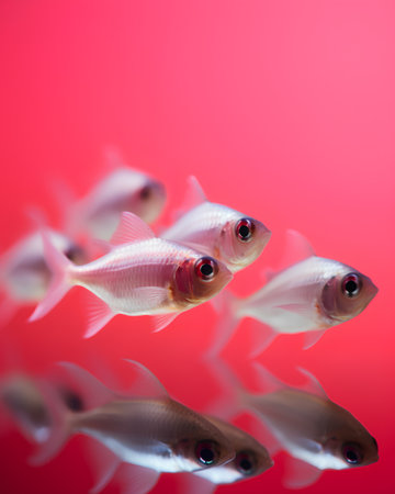 Tropical fish in a aquarium on a dark red background.の素材