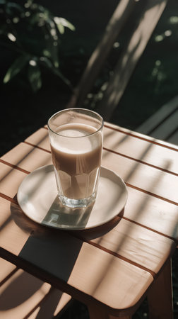 Glass of coffee on a wooden table in the garden. Selective focus.の素材