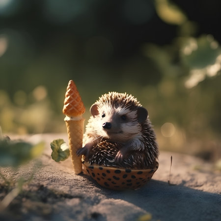 hedgehog in a waffle cone with ice cream in the forestの素材
