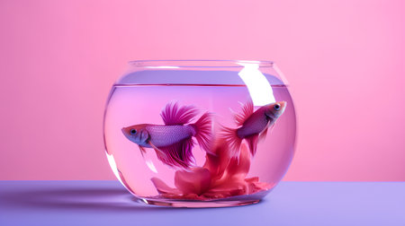 Goldfish in a round aquarium on a pink background. 3d rendering.の素材