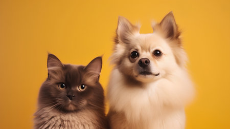 Studio portrait of a spitz and a cat on a yellow backgroundの素材