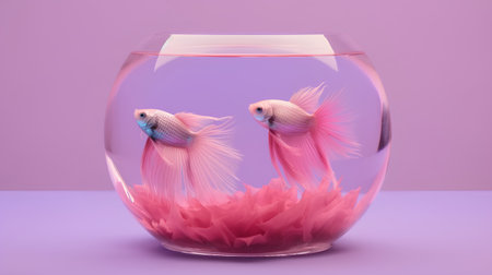 Two beautiful fighting fish in a glass bowl on a purple background.の素材