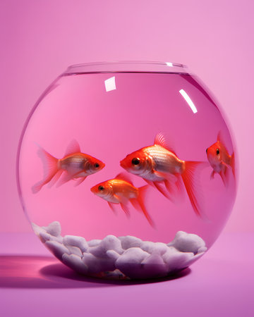 Goldfish in a round aquarium on a pink background. 3d renderingの素材