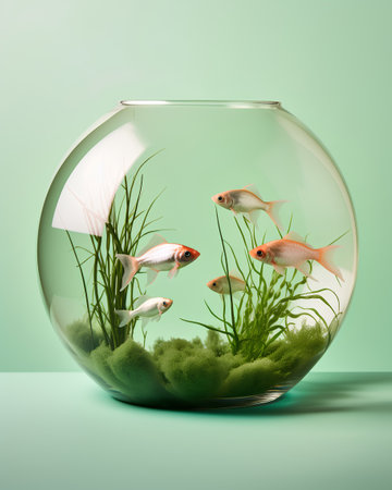 Goldfish in a round glass aquarium on a green background. 3d renderingの素材
