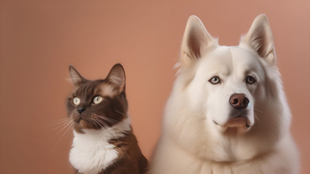 White swiss shepherd dog and cat looking at camera on brown backgroundの素材
