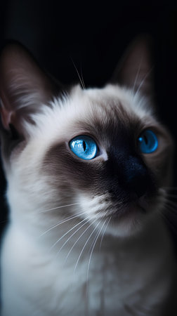 Portrait of a cat with blue eyes on a black background.の素材