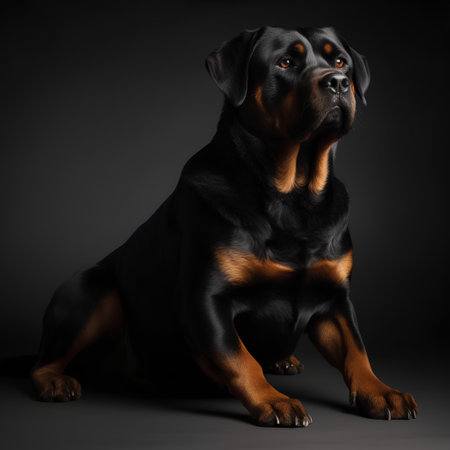 Portrait of a rottweiler sitting on a black backgroundの素材