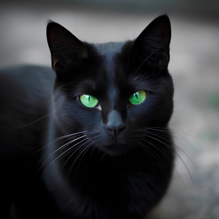 Black cat with green eyes. Close-up portrait of a cat.の素材