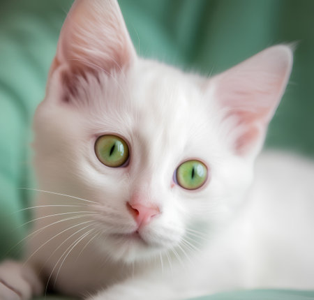 Portrait of a white cat with green eyes on a green backgroundの素材