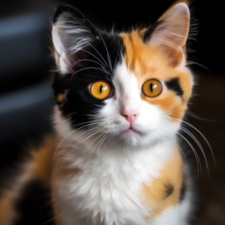 Portrait of a beautiful black and orange cat with yellow eyes.の素材