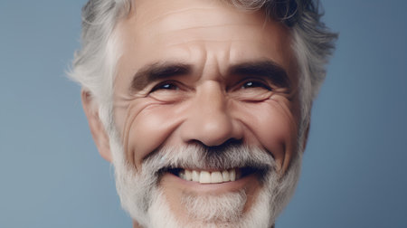 Portrait of senior man with white beard and mustache on blue backgroundの素材
