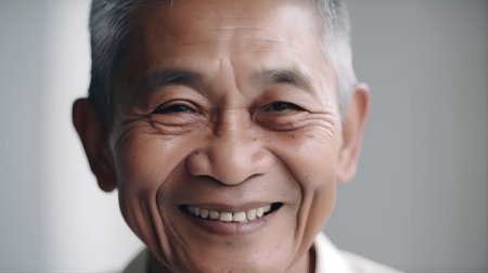 Portrait of a senior Asian man smiling at the camera, vertical shotの素材
