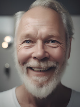 Portrait of a smiling senior man with white beard in the bathroom.の素材