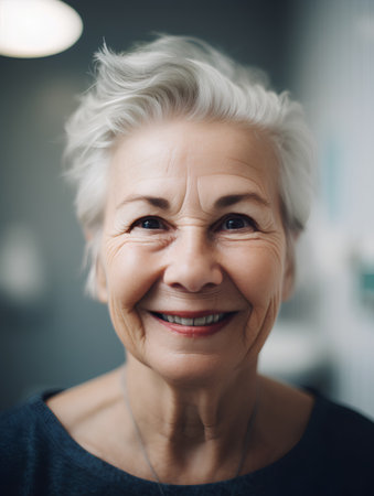 Portrait of smiling senior woman looking at camera in the living roomの素材