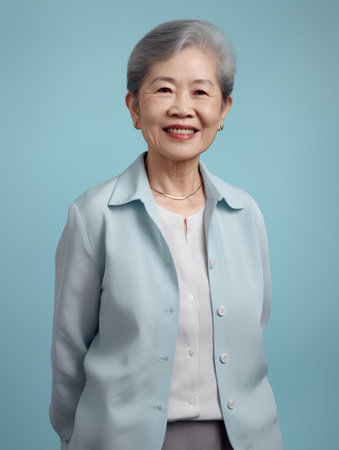 Portrait of smiling senior asian woman isolated on blue background.の素材