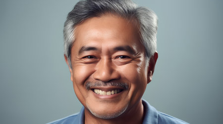 Portrait of a happy senior asian man smiling against grey backgroundの素材
