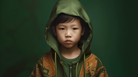 Portrait of a boy in a green raincoat and hoodieの素材