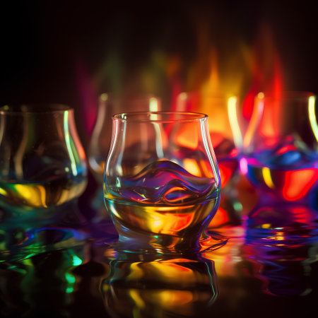 Glasses of whiskey on a dark background with fire. Selective focus.の素材