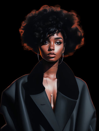 Beautiful african american woman with afro hairstyle in black coat on black backgroundの素材