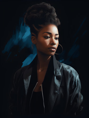 Beautiful african american woman with afro hairstyle in black jacket.の素材