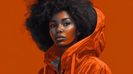 Portrait of a young african american woman in orange raincoat.の素材