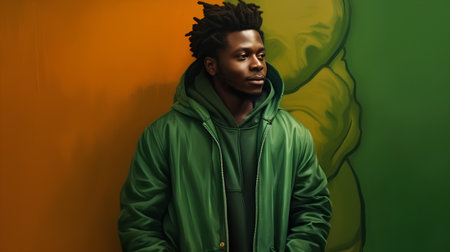 Young african american man in green hoodie over orange background.の素材