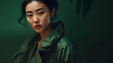 Fashion portrait of beautiful asian woman in green raincoat.の素材