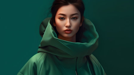 Portrait of a beautiful young woman in a green raincoat.の素材