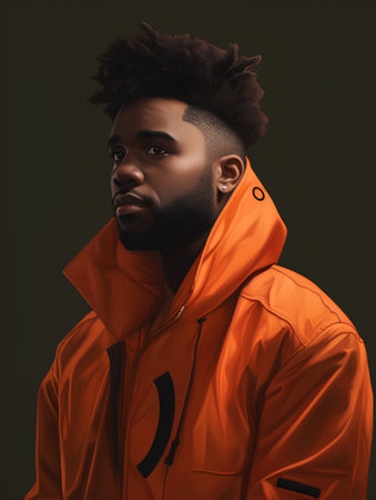 Handsome african american man in orange jacket on dark backgroundの素材