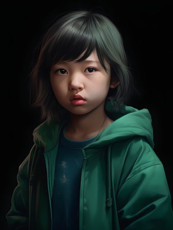 Portrait of a little girl in a green raincoat. Dark background.の素材