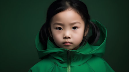 Portrait of a cute little asian girl in green hoodieの素材