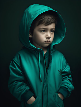 Portrait of a little boy in a green raincoat on a dark backgroundの素材