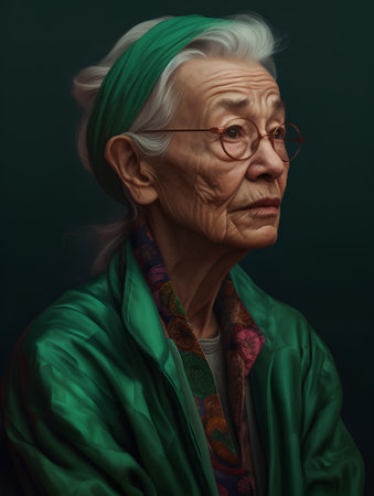 Portrait of an old woman in a green jacket and glasses.の素材