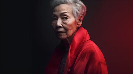 Portrait of an old woman in a red shirt on a dark backgroundの素材